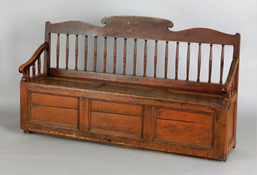 Appraisal: Pine settle bench late th c with scrolled crest and