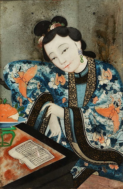 Appraisal: CHINESE SCHOOLA reverse glass painted study of a girl reading