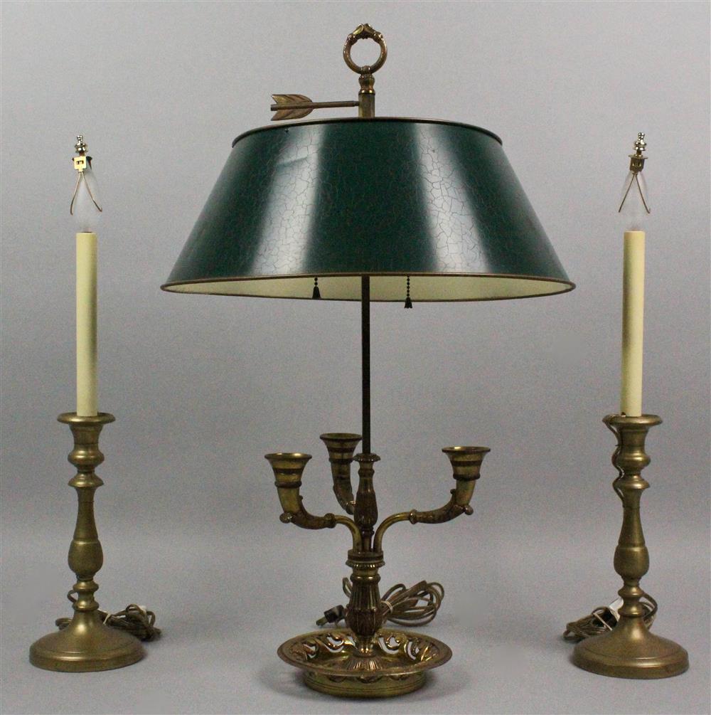 Appraisal: EMPIRE STYLE BOUILLOTTE LAMP AND GREEN TOLE SHADE together with