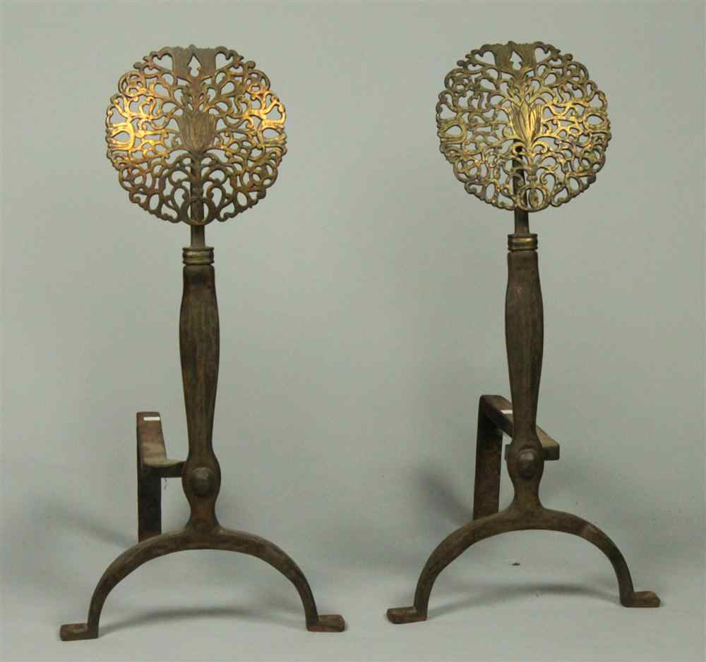 Appraisal: PAIR OF RENAISSANCE STYLE BRASS AND METAL ANDIRONS with openwork