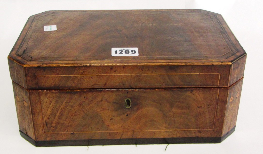 Appraisal: A George III inlaid mahogany canted rectangular sewing box with