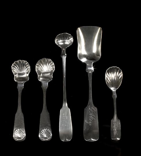 Appraisal: Five American Coin Silver Shell and Shovel Spoons second and