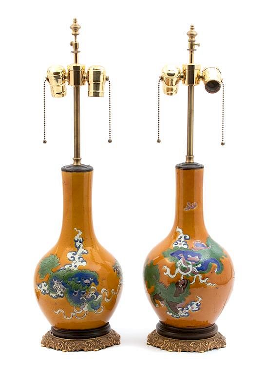 Appraisal: A Pair of Chinese Glazed Porcelain Vases Mounted as Lamps