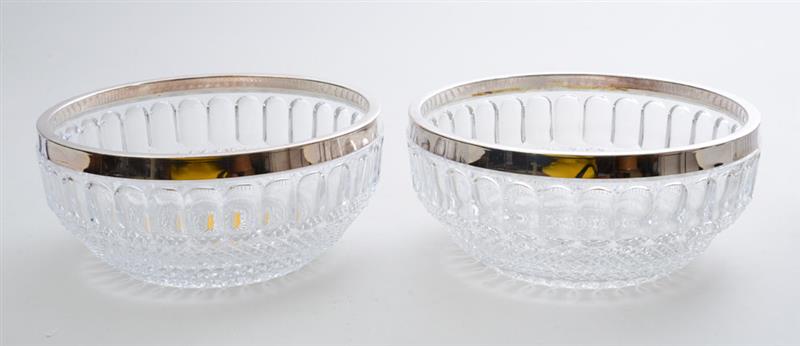 Appraisal: FIVE ENGLISH PRESSED GLASS SALAD BOWLS WITH SILVER-PLATED RIMS TWO