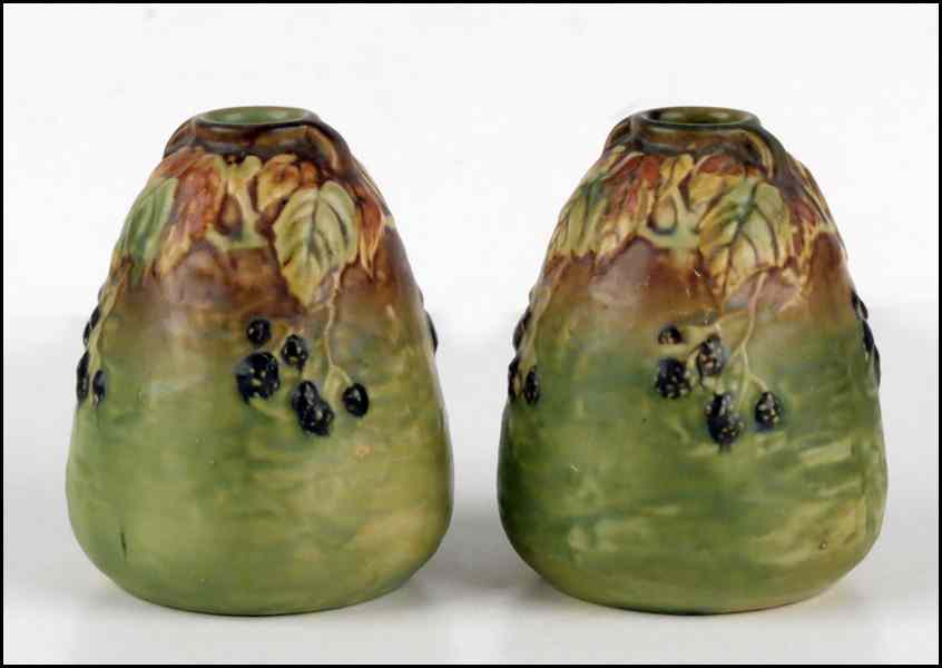 Appraisal: PAIR OF ROSEVILLE VASES Blackberry pattern H '' Condition No