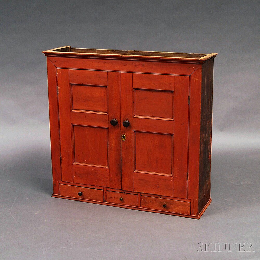 Appraisal: Red-painted Cupboard Desk Top America th century with two paneled