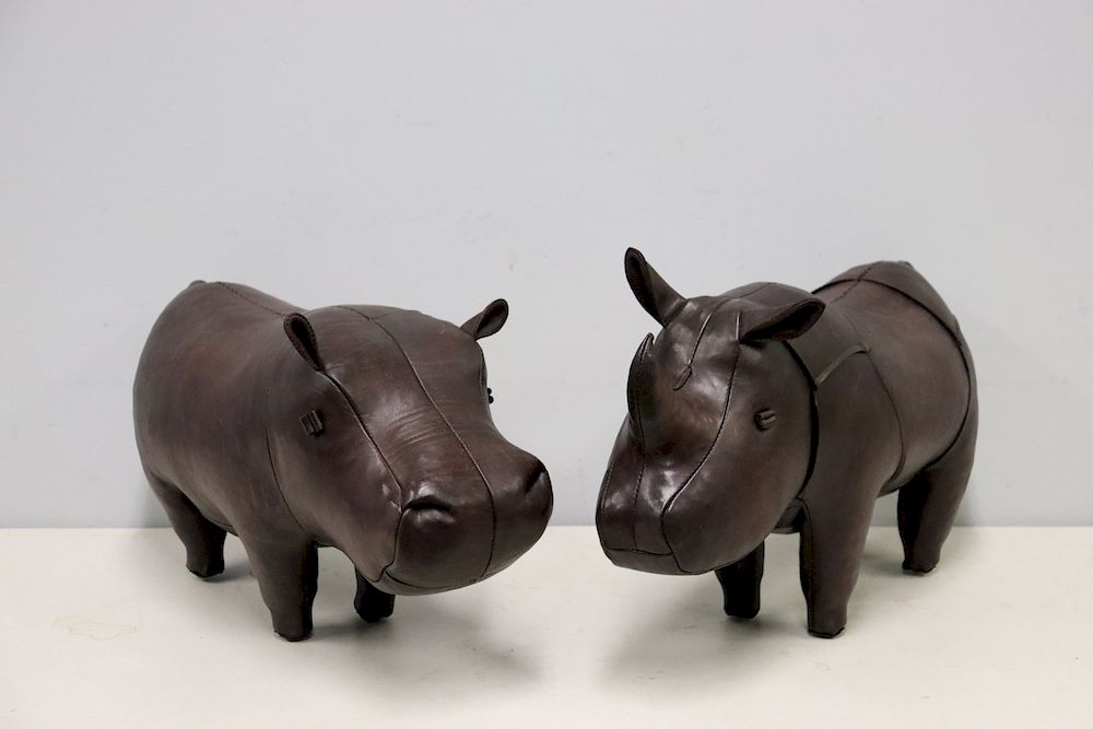 Appraisal: Vintage Leather Hippo And Rhino Foot Stools From a Scarsdale