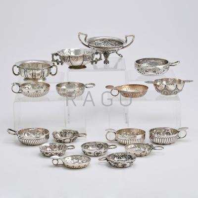 Appraisal: SILVER TASTEVINS AND CAUDLE BOWLS Seventeen pieces by French and