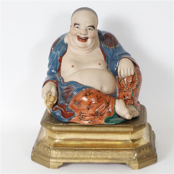 Appraisal: Large Chinese polychrome porcelain Hotei Buddha statue with gilt wood