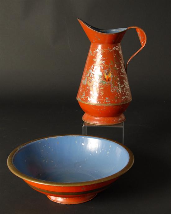 Appraisal: A th C Toleware Pitcher and Bowl with bird and