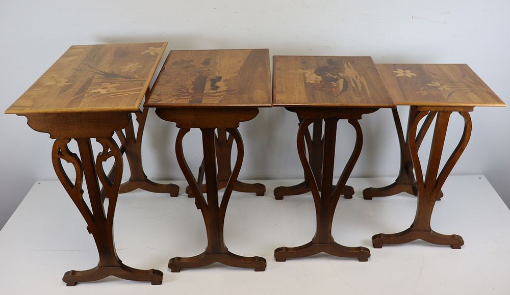 Appraisal: Galle Signed Set Of Inlaid Nesting Tables Beautifully inlaid with