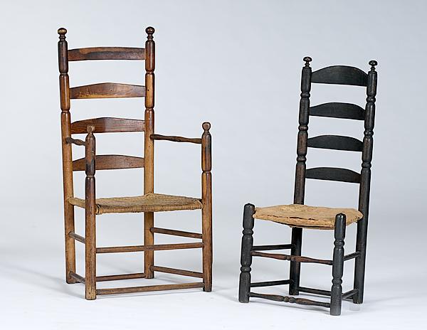 Appraisal: TWO LADDERBACK CHAIRS American early th century one armchair with