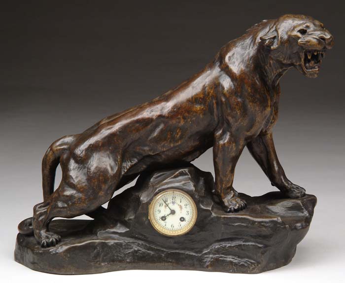 Appraisal: LARGE FIGURAL LION CLOCK Bronze patina spelter figure of a