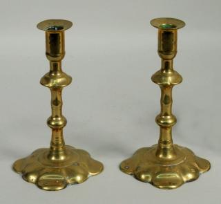 Appraisal: Pair Queen Anne Brass Petal Base Candlesticks Pair Queen Anne