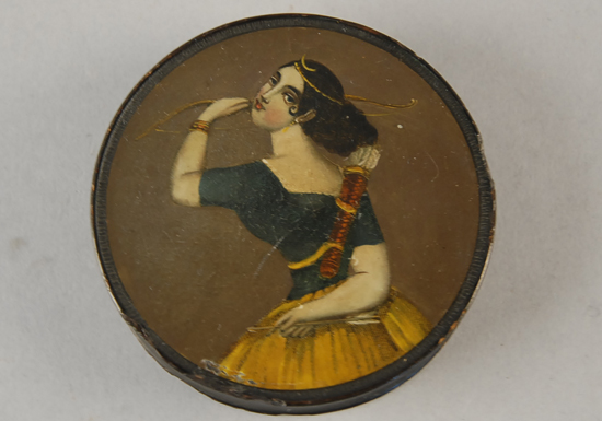 Appraisal: A th C Lacquered Papier Mache Snuffbox the lid painted