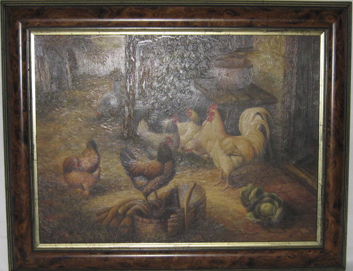 Appraisal: American School th Century Farm Scene with Roosters chromolithograph heightened