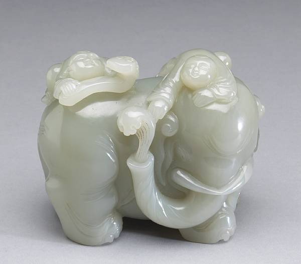 Appraisal: A nephrite figural carving th Century Depicting two mischievous boys