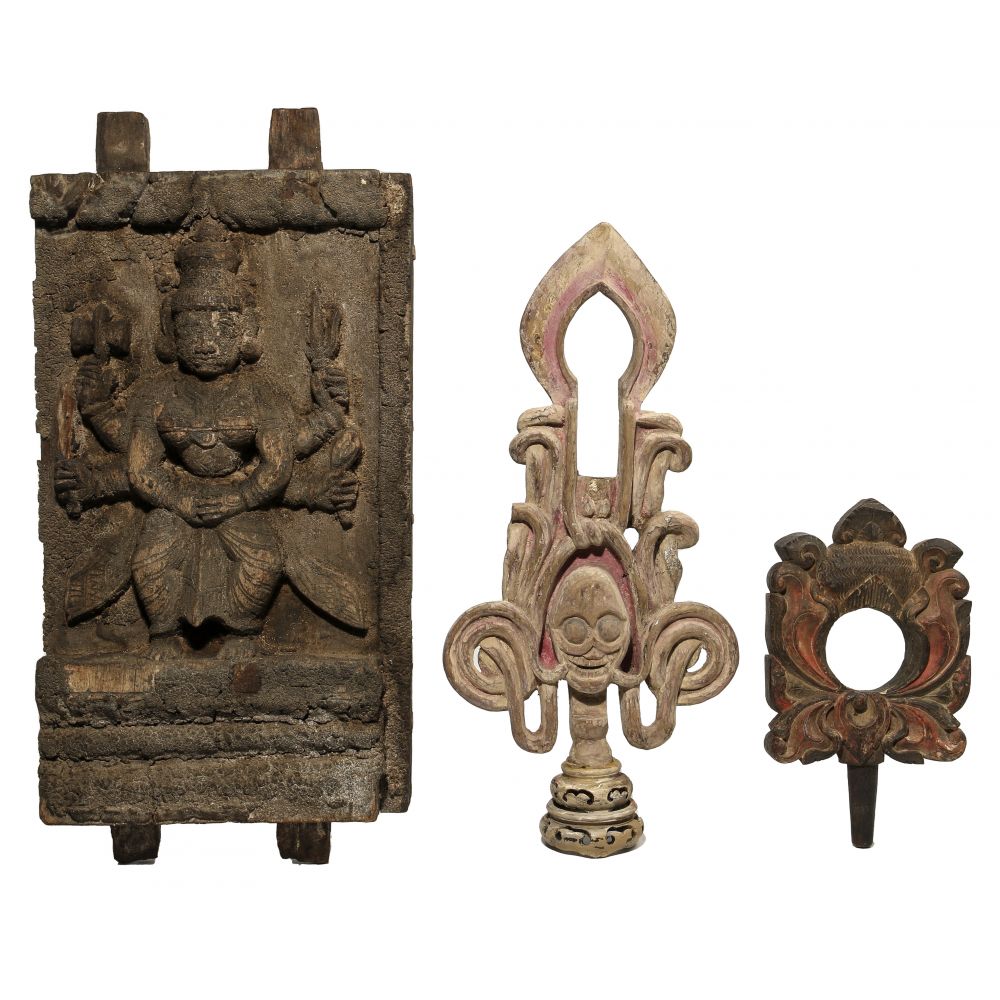 Appraisal: ASIAN CARVED WOOD ASSORTMENT items including a South Asian architectural