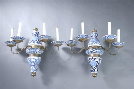 Appraisal: PAIR DUTCH BAROQUE-STYLE DELFTWARE AND BRASS FOUR-LIGHT SCONCES th century