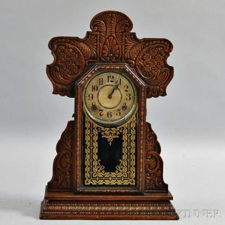 Appraisal: E Ingraham Gingerbread Shelf Clock Bristol Connecticut pressed oak case