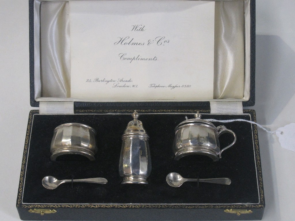 Appraisal: Cased three piece silver condiment set Birmingham