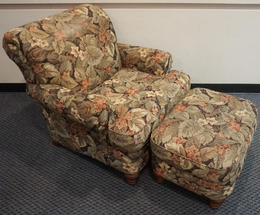 Appraisal: MODERN FLORAL MACHINE TAPESTRY UPHOLSTERED CLUB CHAIR AND OTTOMANModern Floral