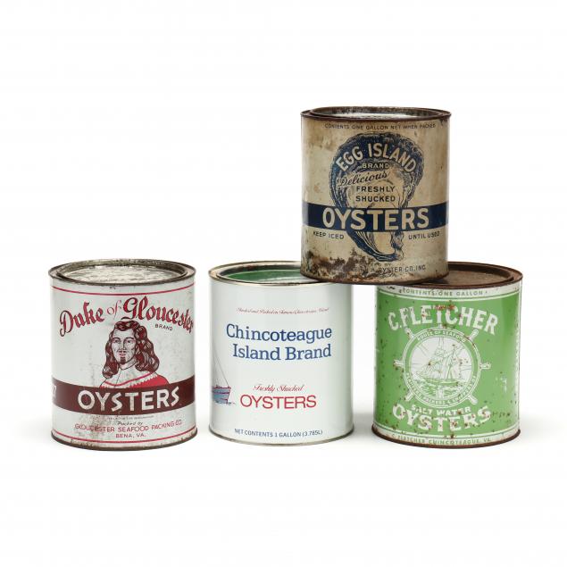 Appraisal: FOUR EARLY VIRGINIA GALLON OYSTER CANS Egg Island Brand C