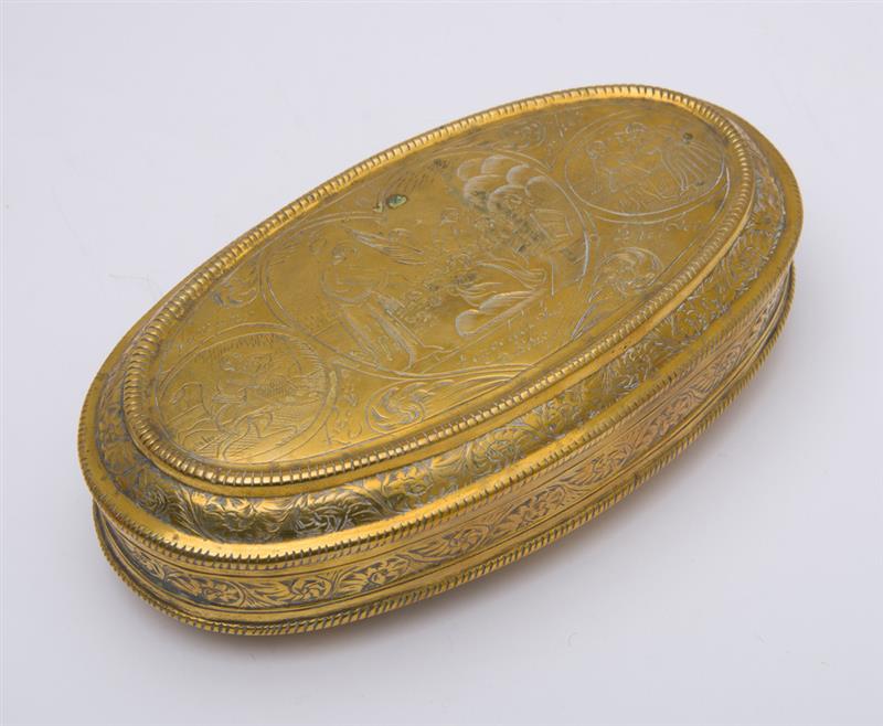 Appraisal: DUTCH ENGRAVED BRASS TOBACCO BOX The hinged lid and the