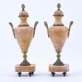 Appraisal: Pair of French Bronze Mounted Pink Marble Urns Signed France