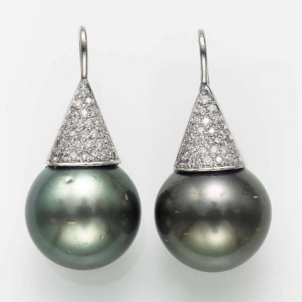 Appraisal: A pair of black South Sea cultured pearl diamond and