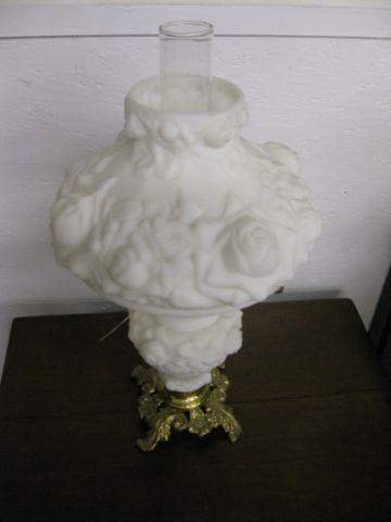 Appraisal: Puffy Satin Art Glass Lamp rose decor brass base matching