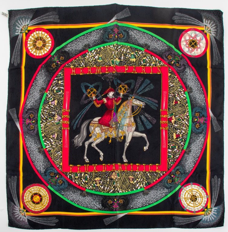 Appraisal: HERMES FEUX D'ARTIFICE BLACK SILK TWILL SCARF Vintage Hermes square