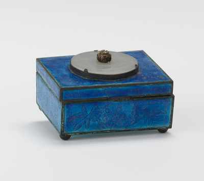 Appraisal: A Chinese Enameled Box with Carved Jade Disc Hinged lid