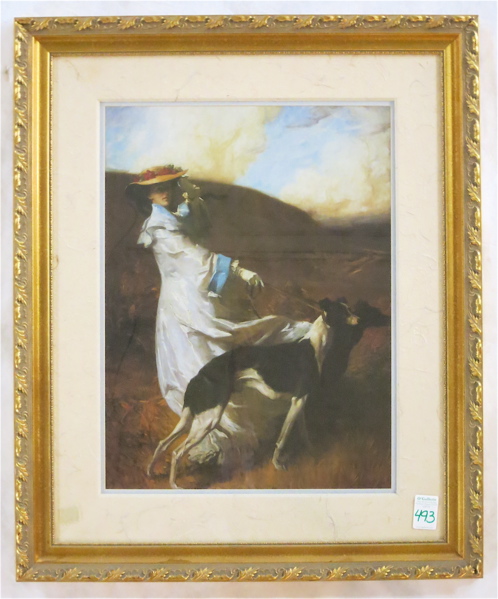 Appraisal: FRAMED DECORATIVE PRINT of a woman walking a dog in