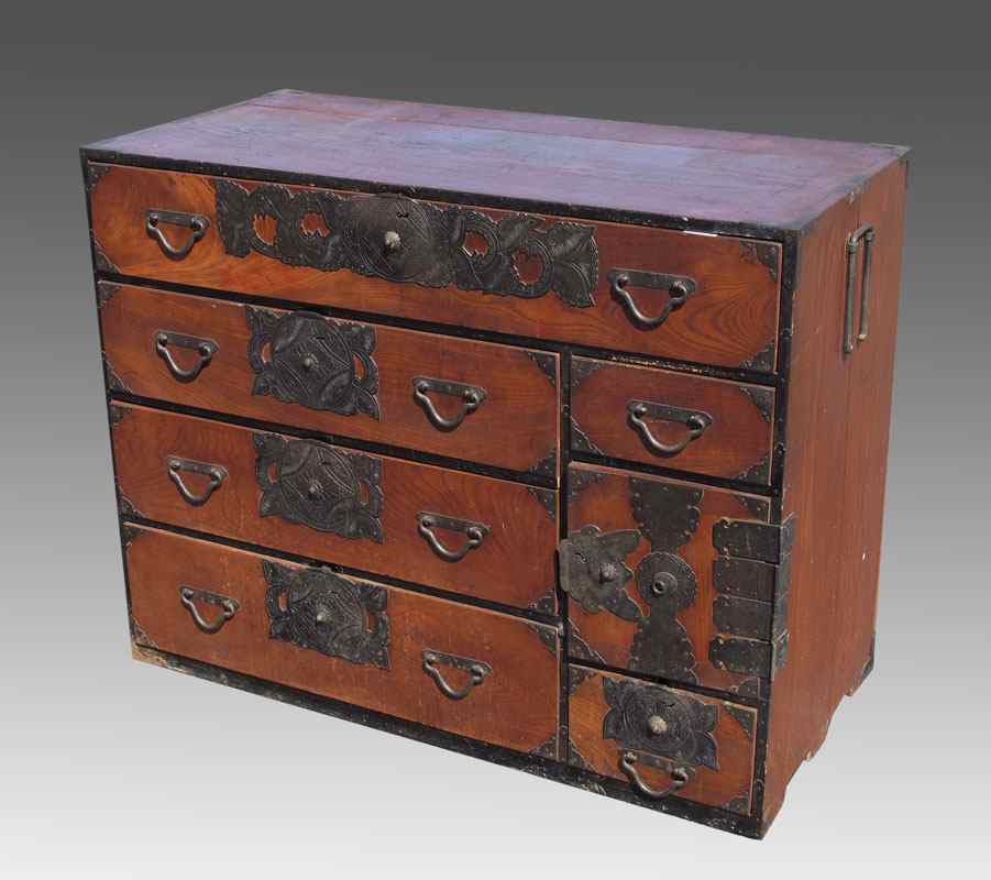 Appraisal: JAPANESE TONSU CHEST Red stained finish with drawers iron hardware