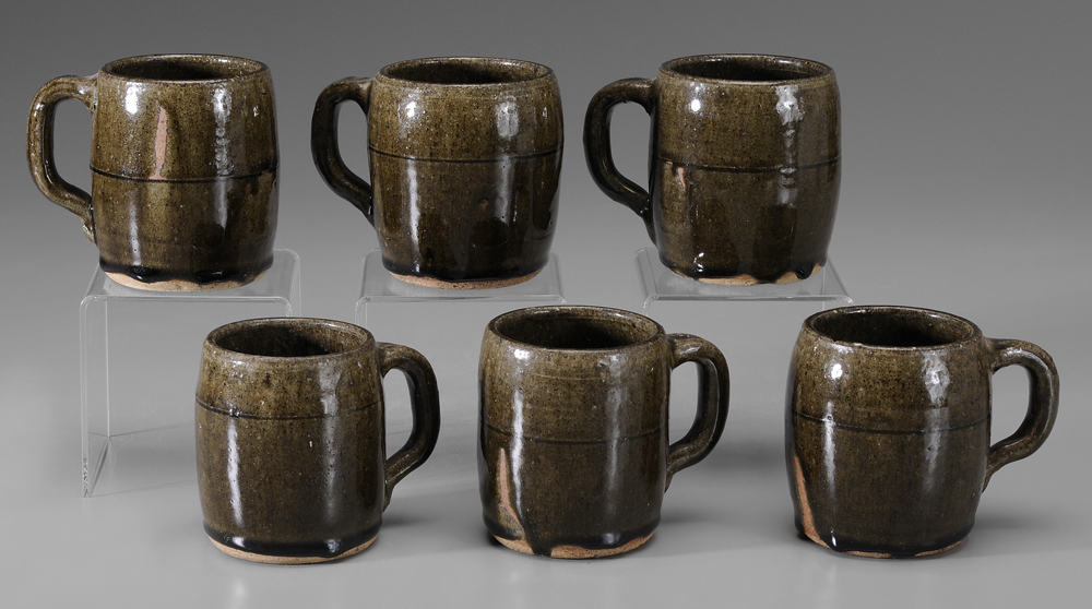 Appraisal: Six Lanier Meaders Mugs White County Georgia - alkaline-glazed stoneware