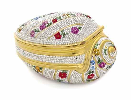 Appraisal: A Judith Leiber Multicolor Crystal Floral Conch Shell Minaudiere silver