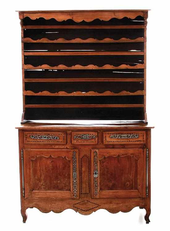 Appraisal: French Provincial inlaid fruitwood vaisselier th century rectangular cornice upon