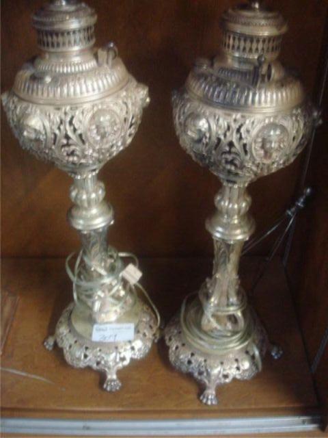 Appraisal: Pair of Highly Carved French Silverplate Converted Gas Lamps From