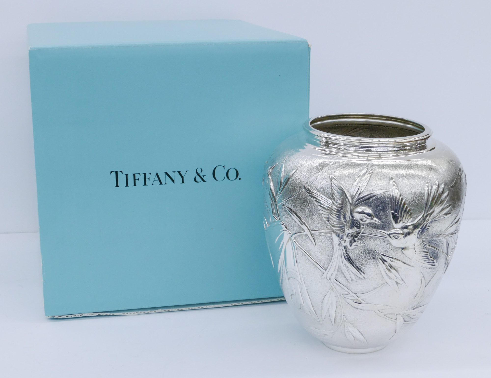 Appraisal: Tiffany Co ''Audubon'' Sterling Bird Vase ''x '' Hand chased