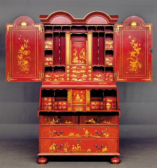 Appraisal: Queen Anne style red lacquer and chinoiserie bureau bookcase double-domed