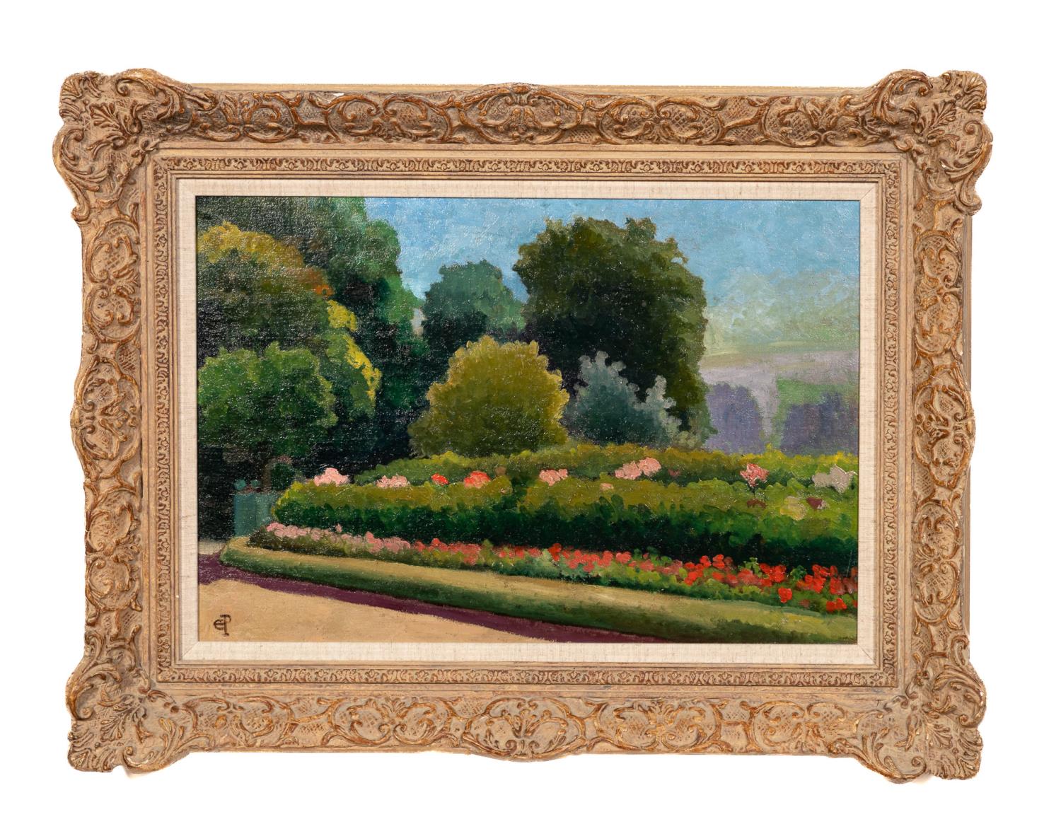 Appraisal: CONTEMPORARY LANDSCAPE GARDEN SCENE OIL SIGNED Contemporary oil on canvas