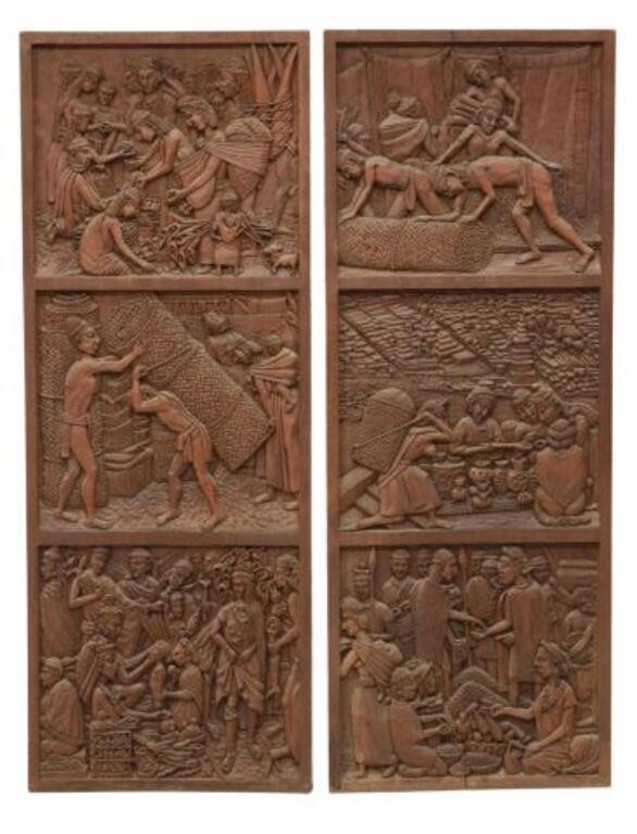 Appraisal: pair Mexican carved wood panels Pre-Colombian Genre Scenes in the