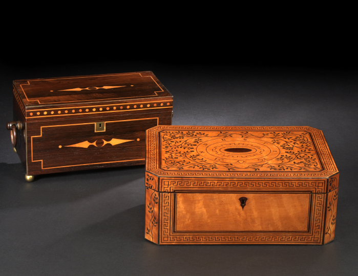 Appraisal: Attractive English Regency Rosewood and Holly-Inlaid Ring-Handled Tea Box first