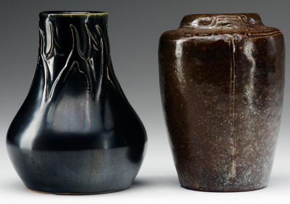 Appraisal: AREQUIPA Two vases one bulbous excised with pointed leaves under