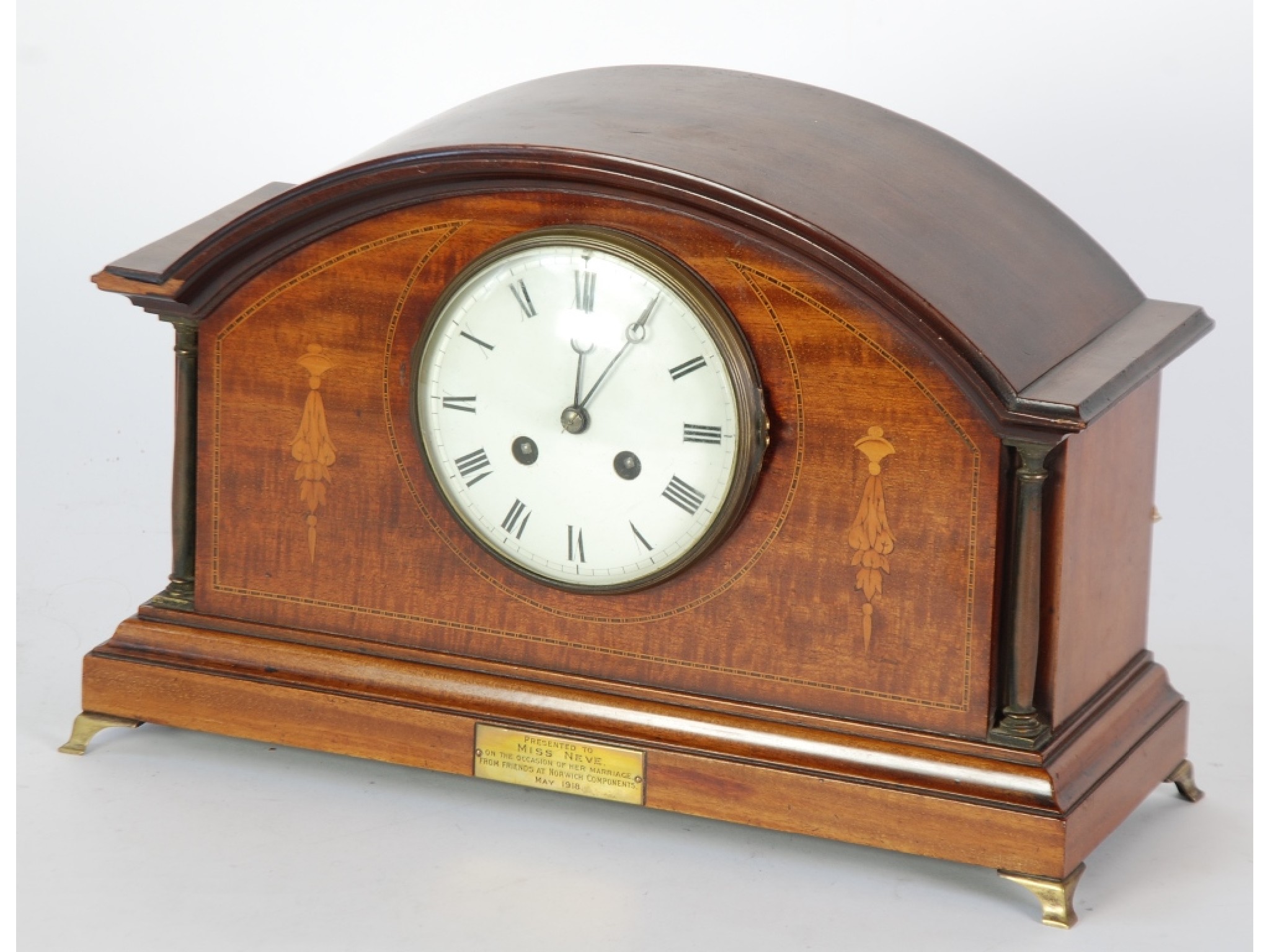 Appraisal: EDWARDIAN INLAID MAHOGANY PRESENTATION MANTEL CLOCK the enamelled roman dial