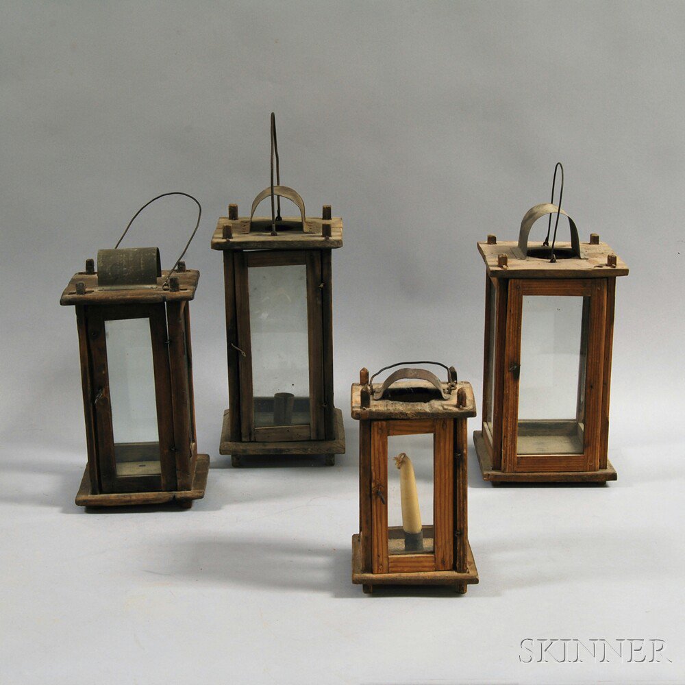 Appraisal: Four Square Wood and Glass Lanterns th th century ht