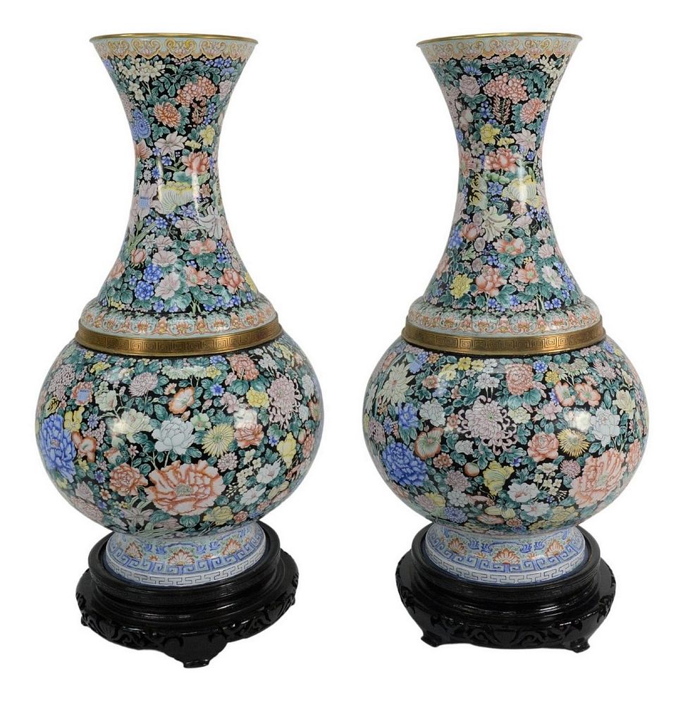 Appraisal: Pair of Monumental Enameled Vases having scrolling vines with leaves