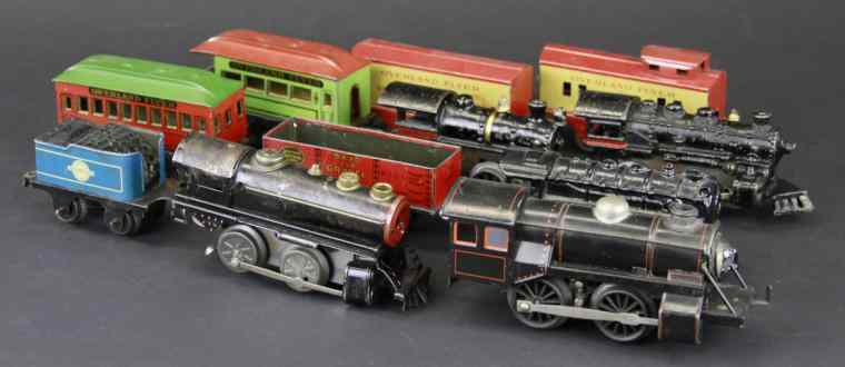 Appraisal: GROUPING OF TRAIN LOCOMOTIVES CARS Large lot includes Overland Flyer