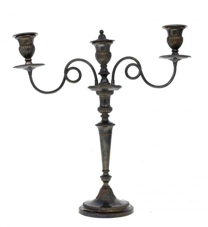 Appraisal: AN OLD SHEFFIELD PLATE CANDELABRUM the wrythen fluted vasular sconces